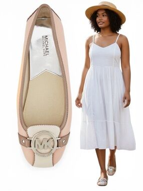 MICHAEL Michael Kors Pink and Cream Leather Fulton Moccasin Ballet/Ecru Flats